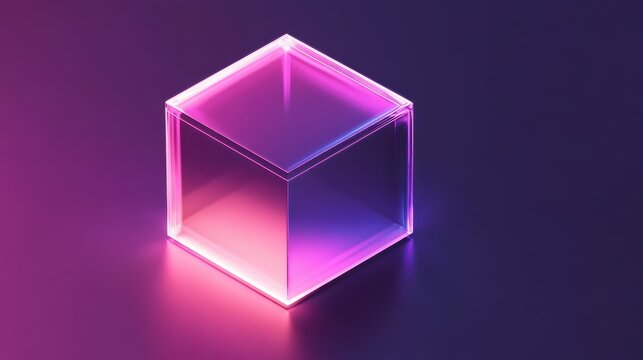 3d holographic cube render element. Abstract box shape. Hologram geometric figure isometric set. Iridescent solid block. Blank minimal purple and pink color light futuristic concept model for web. il