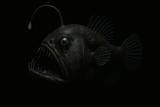 Terrifying black seadevil anglerfish with glowing lure in darkness