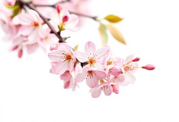 Fototapeta premium Delicate watercolor pink cherry blossoms in full bloom on a branch against a white background, romantic, close-up
