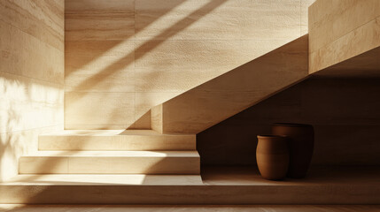 A cinematic shot of sculptural staircase design, clean angles and soft curves in neutral sandstone tones, handcrafted pottery in the corner