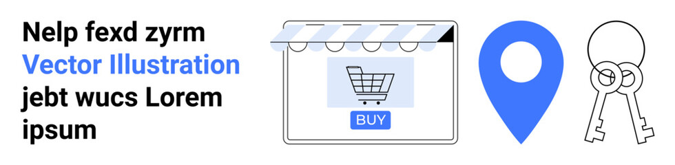 Storefront with buy button on screen, location pin, and key set symbolizing e-commerce, navigation, and security. Ideal for retail, shopping, delivery, travel logistics safety flat landing page