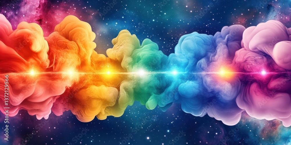 Poster Vibrant rainbow ink clouds swirl in cosmic space creating a spectacular abstract art background perfect for design projects.