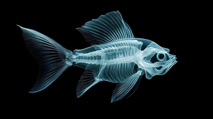 Fototapeta premium X-ray Image of a Transparent Fish Skeleton Displaying Intricate Bone Structure and Delicate Fin Details Against a Black Background