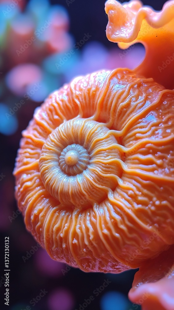 Poster Vibrant Close-up of a Nautilus Shell with Spiral Pattern and Colorful Hues in Magical Light Background for Natural Art and Design Inspiration