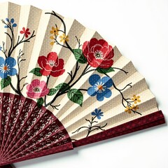Traditional Japanese folding fan with intricate floral design on white background, craft, hand fan, isolated