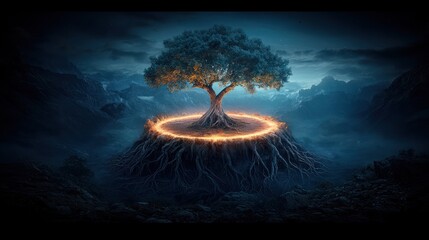 Mystical tree in glowing ring