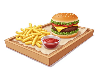 hamburger and french fries on a wooden tray with ketchup