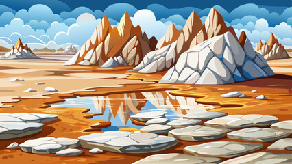 salt encrusted rocks by a desolate dry lake, desert landscape
