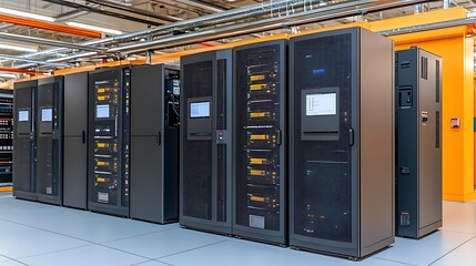 A row of server racks with various technological equipment