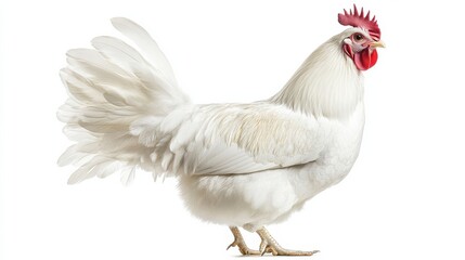Fototapeta premium majestic white chicken with iridescent feathers posed elegantly against a pure white background, emphasizing its regal stature and detailed plumage illustration