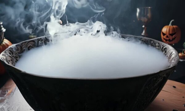 A closeup of a bowl filled with dry ice creating a mysterious and eerie atmosphere at the Halloween party