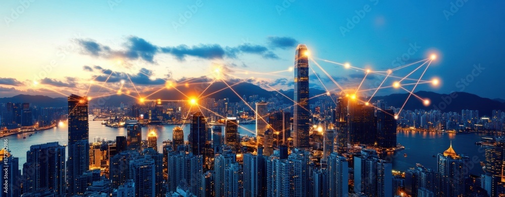 Aufkleber A futuristic cityscape at sunset displays a network of interconnected glowing nodes linking skyscrapers and harbor.