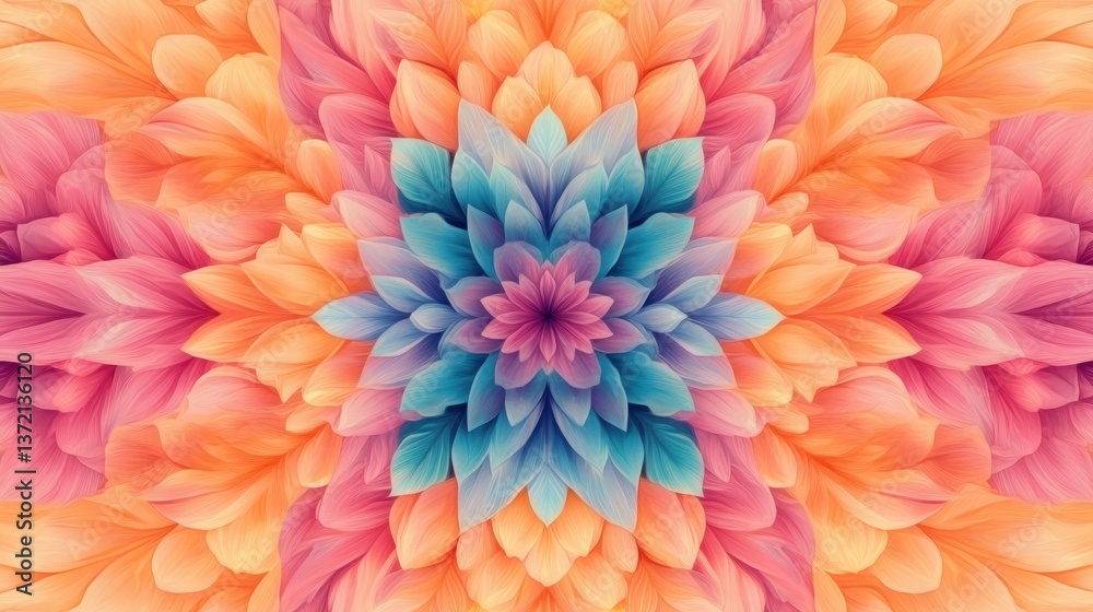 Poster a vibrant symmetrical floral design features peach pink and teal petals in a kaleidoscopic pattern p