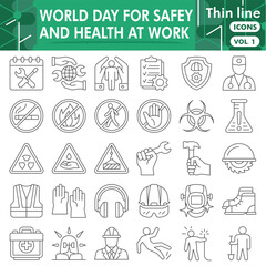 Fototapeta premium Safety and health at work symbols collection or sketches. world labor day bar theme icons in thin line style signs for web and app. Vector graphics isolated on white background.