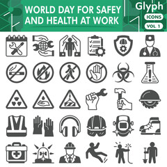 Safety and health at work symbols collection or sketches. world labor day bar theme icons in glyph style signs for web and app. Vector graphics isolated on white background.