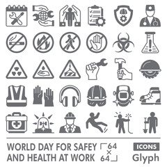 Safety and health at work symbols collection or sketches. world labor day theme icons in glyph style signs for web and app. Vector graphics isolated on white background.