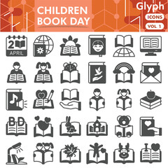 Children book symbols collection or sketches. child book day theme icons in glyph style signs for web and app. Vector graphics isolated on white background.