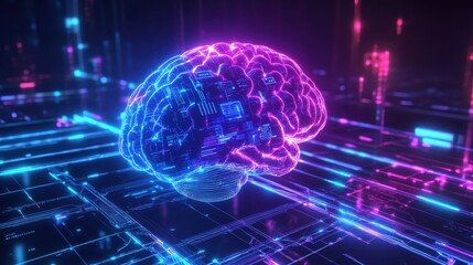 Artificial intelligence concept featuring a holographic brain with complex futuristic data visualizations, glowing in neon blue and purple cyber tones illustration