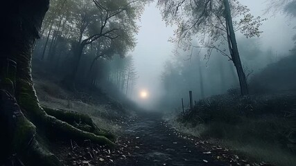 Misty Forest Path at Dawn with Soft Light Breaking Through Trees and Leaf-Covered Trail
- Powered by Adobe