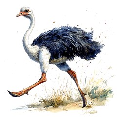 A Running Ostrich in its Natural Habitat Artistic Watercolor Illustration.