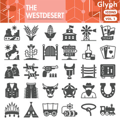 West desert symbols collection or sketches. cowboy desert theme icons in glyph style signs for web and app. Vector graphics isolated on white background.