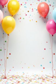 Festive birthday background with balloons and confetti on white backdrop, decoration, celebrate, festive