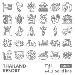 Thailand resort symbols collection or sketches. travel theme icons in line style signs for web and app. Vector graphics isolated on white background.