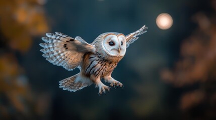 Owl in flight, dramatic bokeh