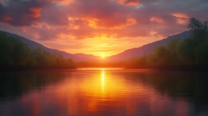 Obraz premium Serene Sunset Over Mountain Lake Landscape