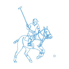 Fototapeta premium Focused Polo Player Leaning Forward Swinging Mallet on Galloping Horse Vintage Line Art