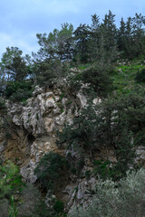 Adventurous hikers exploring rugged terrain under a cloudy sky in a serene mountainous region during the early morning hours