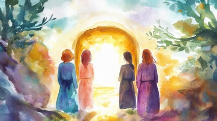 Obraz premium Three women standing before open entrance of empty tomb, vibrant watercolor Easter illustration illustration