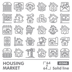 Housing market symbols collection or sketches. real estate theme icons in line style signs for web and app. Vector graphics isolated on white background.