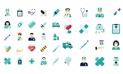 Medical treatment icon set with therapy, recovery, medication, implantation, preventive, heart problem, mental health, diagnosis, pharmacy, contraindication, not effective and adverse effect