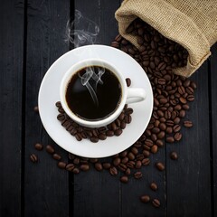 cup of coffee Steaming Cup of Black Coffee with Roasted Beans Spilling from a Burlap Sack on Dark Wood - Aromatic Still Life for Coffee Lovers