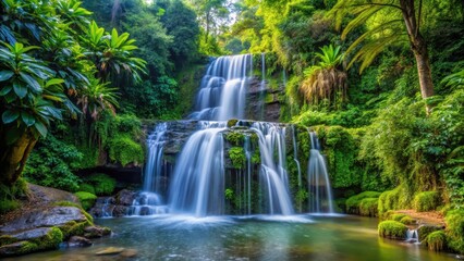 Fototapeta premium waterfall cascading through dense foliage, outdoors, scenery, outdoors, scenery, landscape,lush greenery, stream, hills, valley