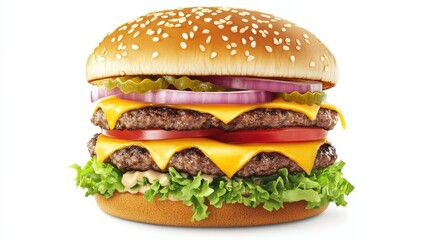 Gigantic American Burger with Cheese and Tasty Ingredients cut out on White Background illustration