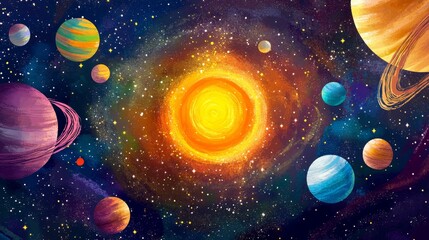 Vibrant cosmic adventure  a whimsical children s book illustration of the sun and spiraling planets