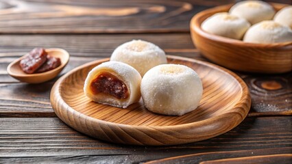 Mochi dessert with sweet date filling on a wooden plate , dates, oriental treat,  dates