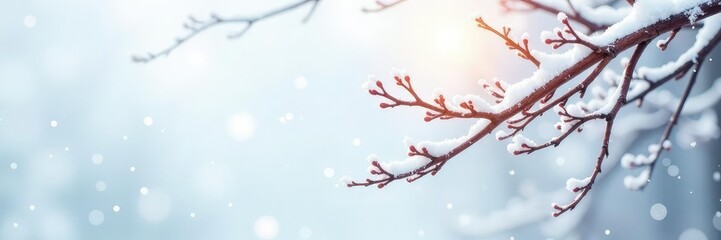White background with bare winter branches in frosty atmosphere under snowflakes, cold, branch, tree