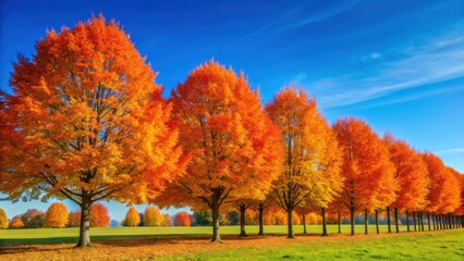 Row of autumnal trees with vibrant orange leaves against a clear blue sky on a sunny day , fall, outdoor,  fall, outdoor