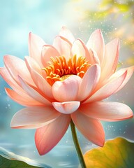 A delicate pink lotus flower blossoms gracefully in serene water reflecting sunlight creating a peaceful scene.