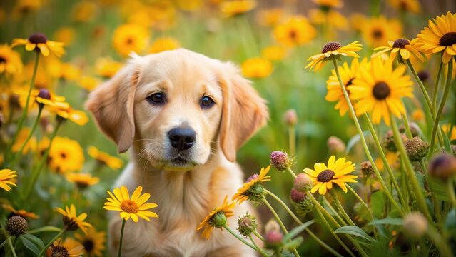 A small golden retriever labrador puppy discovers a hidden patch of wildflowers including daisies and black-eyed susans near a beautiful bouquet, dogs in nature, happy puppy