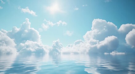 Light blue sky with white clouds, a calm water surface, a blurred background, a clean and dreamy aesthetic, a light color theme, bright and soft lighting, a close-up of the water surface, 3D modeling,