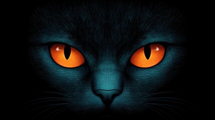 A mysterious black cat with glowing orange eyes stares intensely from the shadows at night.