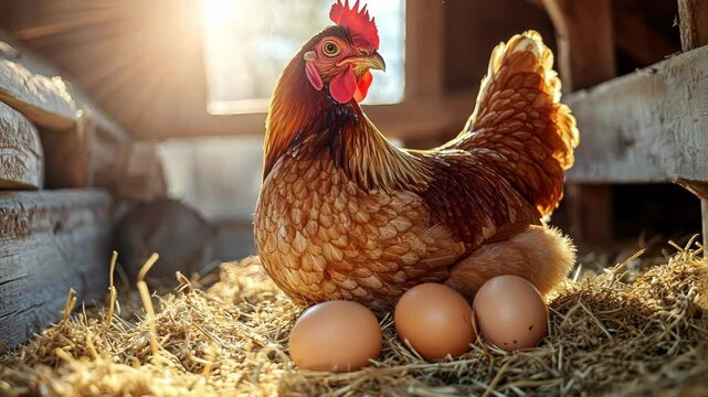 A hen sits on eggs in a warm, sunlit barn filled with straw.