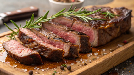 beef steak with green salad. Sliced Beef Steak on Slate Plate. Gourmet Steak with Spices