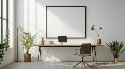 A 3D render of a modern interior design, displayed as a home office wall poster mockup in a frame on ISO A paper size illustration