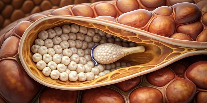 Tiny white gallstones embedded in a layer of smooth brown tissue lining the bile ducts, bile duct, health