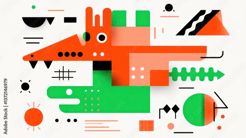 Poster an abstract geometric orange and green crocodile design with simplistic shapes and vibrant colors pe